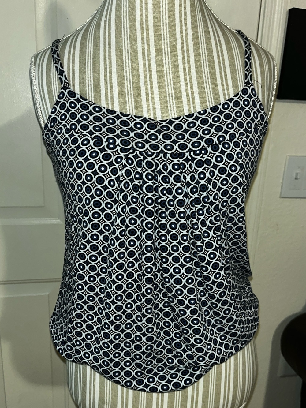 New York & Company Navy and White Geometric Spaghetti Strap Cami